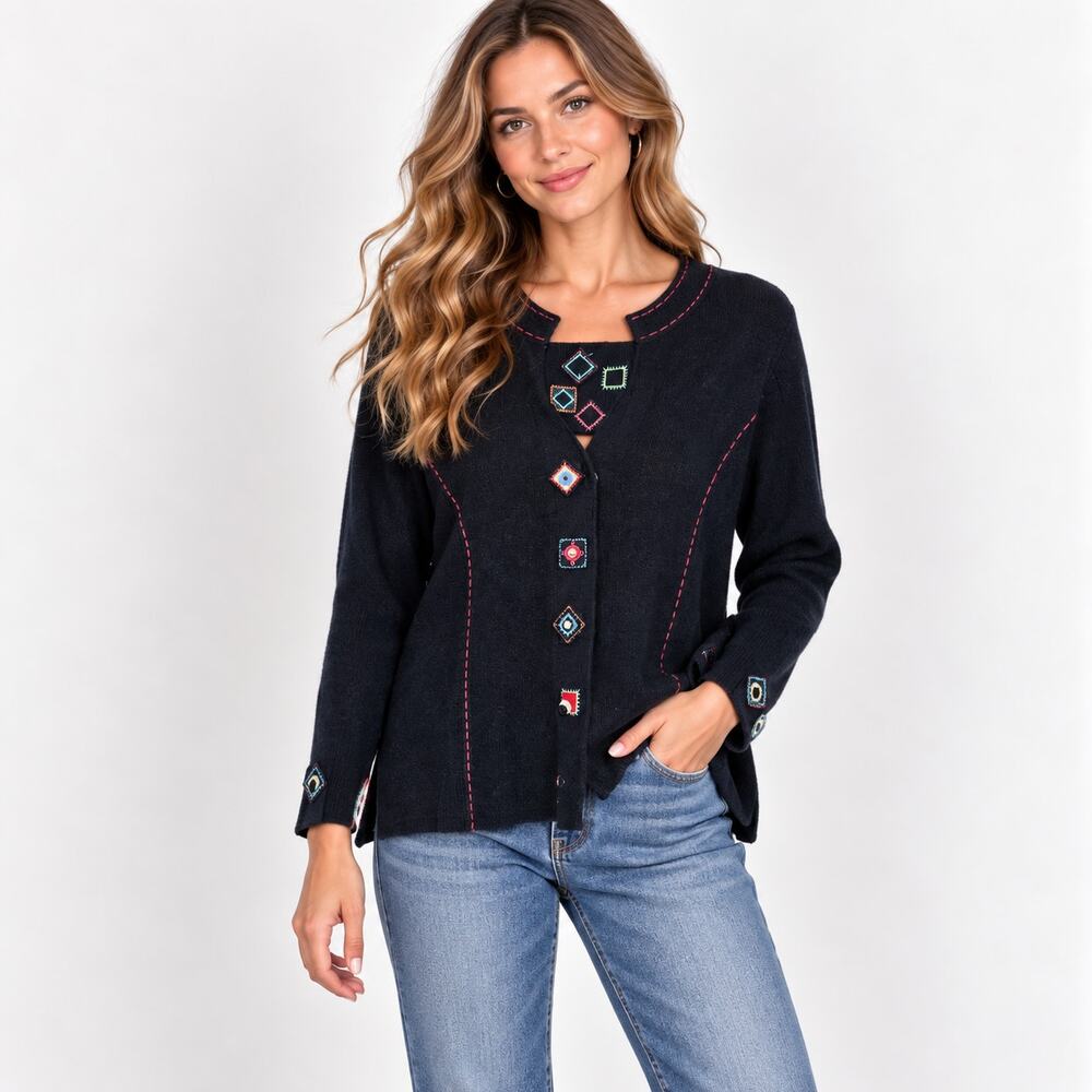 Christopher & Banks Button-Up Cardigan Sweater Women's Sz XL Black Artsy Grandma